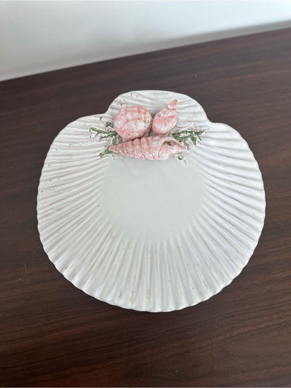 Vintage Portuguese Shell-Shaped Decorative Dish with 3D Pink Shell Accents